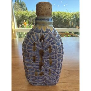 Signed Studio Pottery Flask 7.5" Blue & Amber Textured Art Pottery w Cork